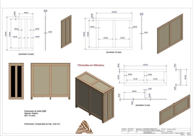 Desenho técnico de caixa industrial de madeira